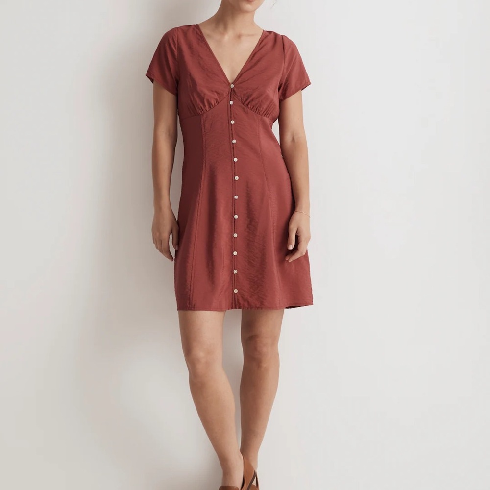 Madewell Antique Rose Orange Shirred Button-Front Mini Dress Size 8